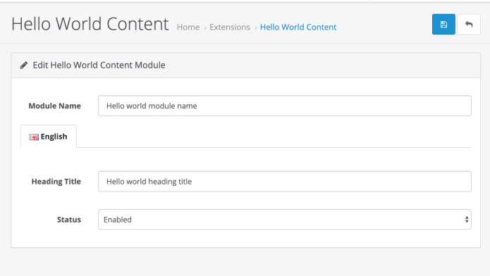 Hello world content settings of Opencart